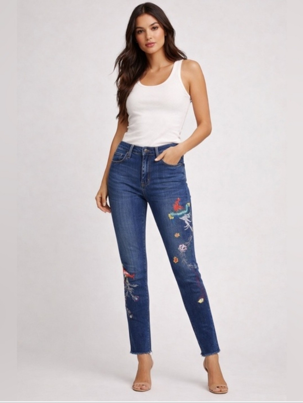 Free People Embroidered Boho Skinny Jeans Size 29 Floral Bird Raw Hem Denim